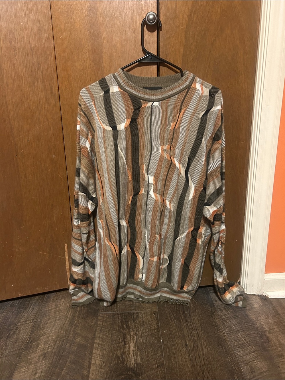 Men's Striped Knit Sweater in Brown, Gray & Cream